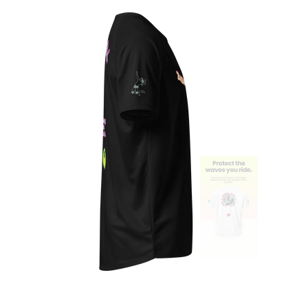 Black unisex sports jersey, side view showing light baller silhouette logo
