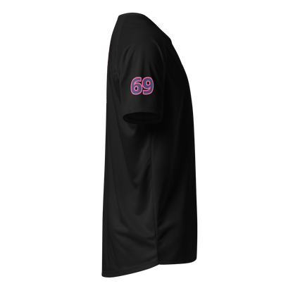 Black unisex sports jersey, sleeve print '69' in pink