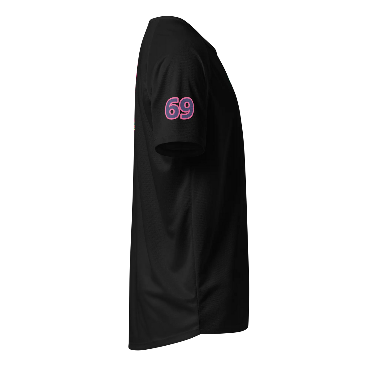 Black unisex sports jersey, sleeve print '69' in pink