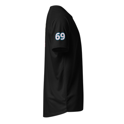 Black sports jersey side view with '69' on sleeve