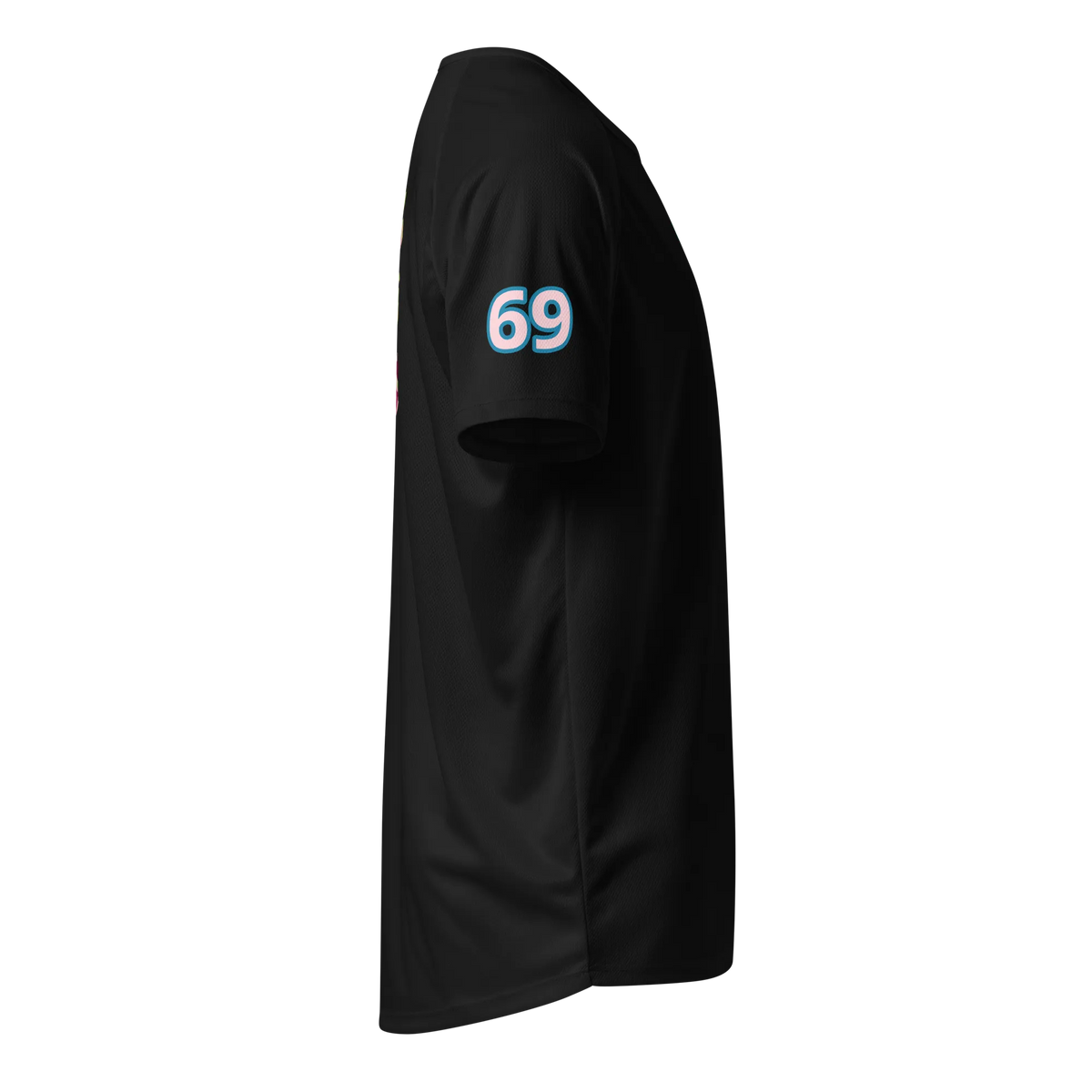Black sports jersey side view with '69' on sleeve