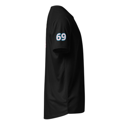 Black sports jersey side view with '69' on sleeve
