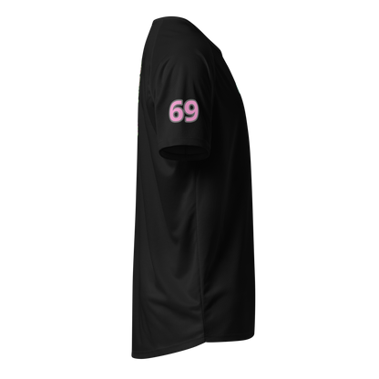 Black sports jersey sleeve with “69” printed in pink and purple