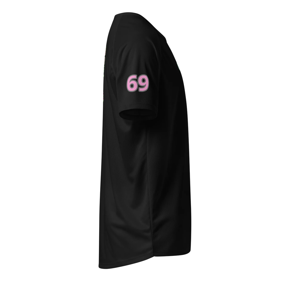 Black sports jersey sleeve with “69” printed in pink and purple