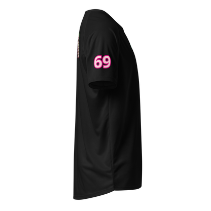 Black sports jersey sleeve with pink '69' print