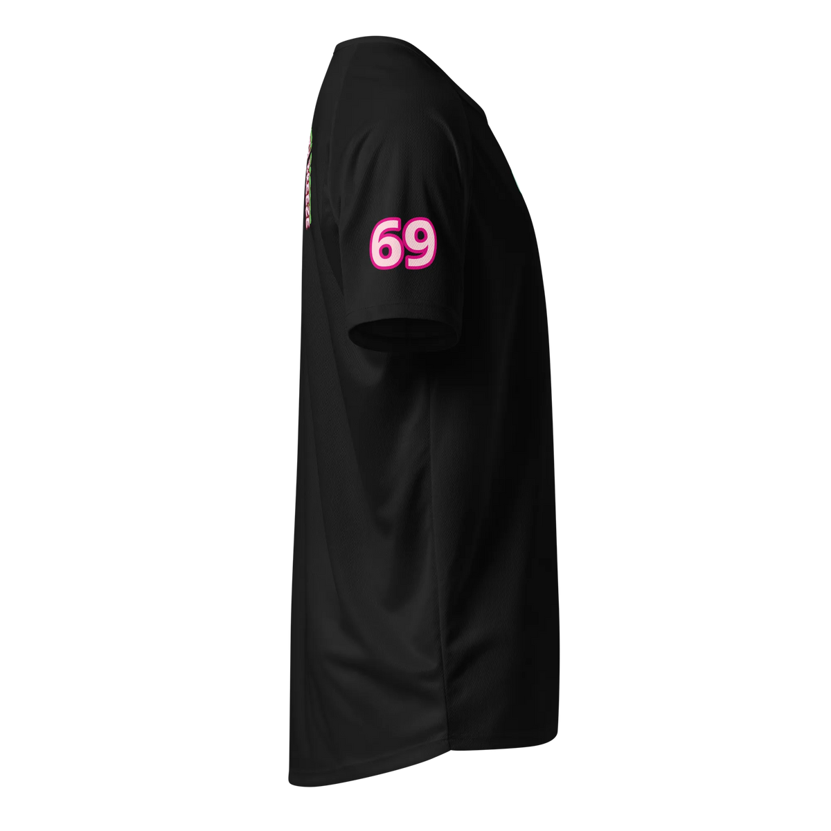 Black sports jersey sleeve with pink '69' print