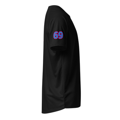 Black sports jersey, side view with blue 69 number on sleeve
