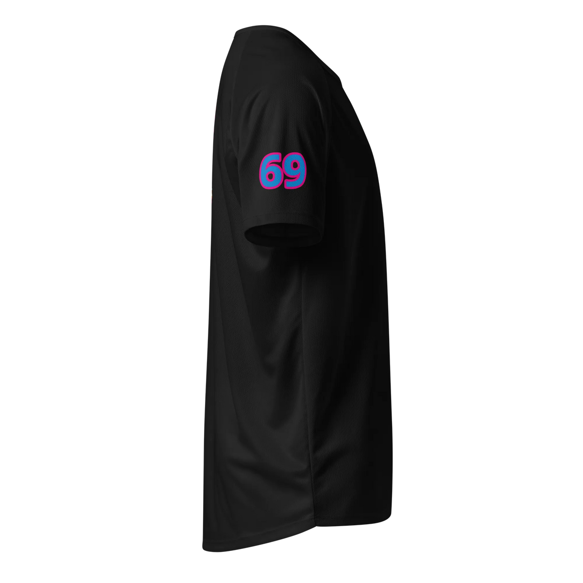Black sports jersey, side view with blue 69 number on sleeve
