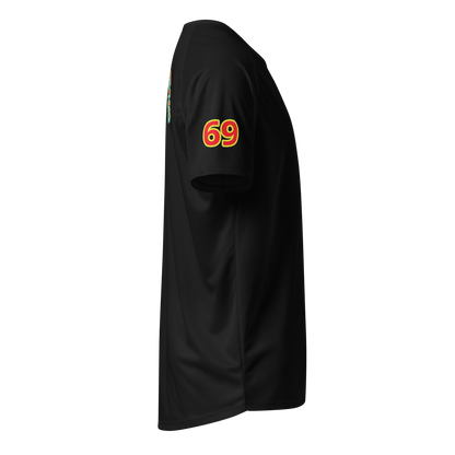 Black unisex sports jersey: sleeve print '69' in red and yellow