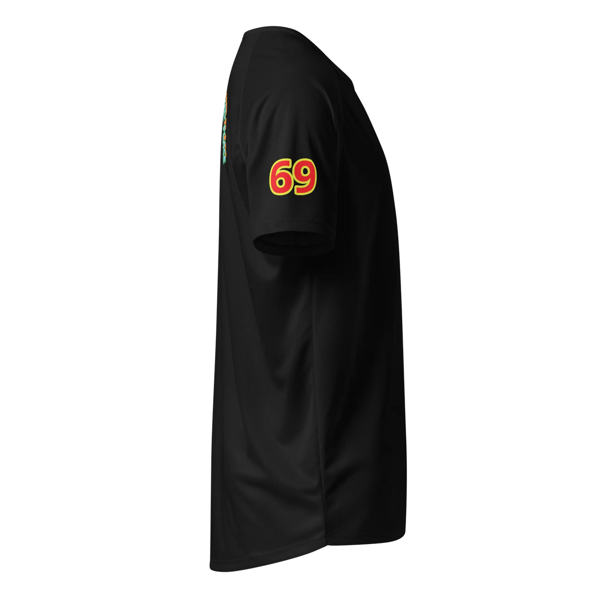 Black unisex sports jersey: sleeve print '69' in red and yellow