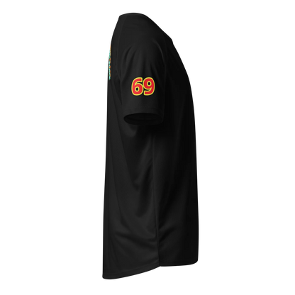 Black unisex sports jersey: sleeve print '69' in red and yellow