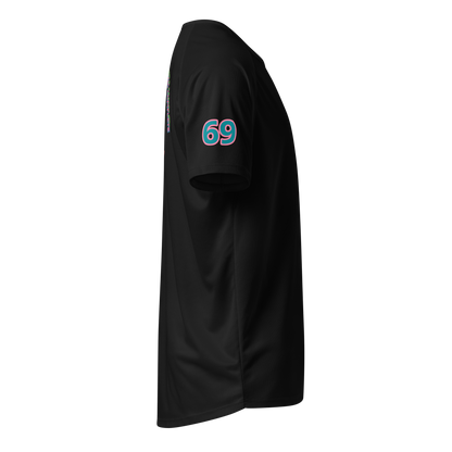 SurfLegend sports jersey in black, sleeve patch with “69”