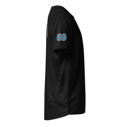 SurfLegend sports jersey in black, sleeve patch with “69”