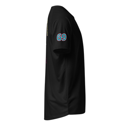 Black unisex sports jersey side sleeve with “69” graphic