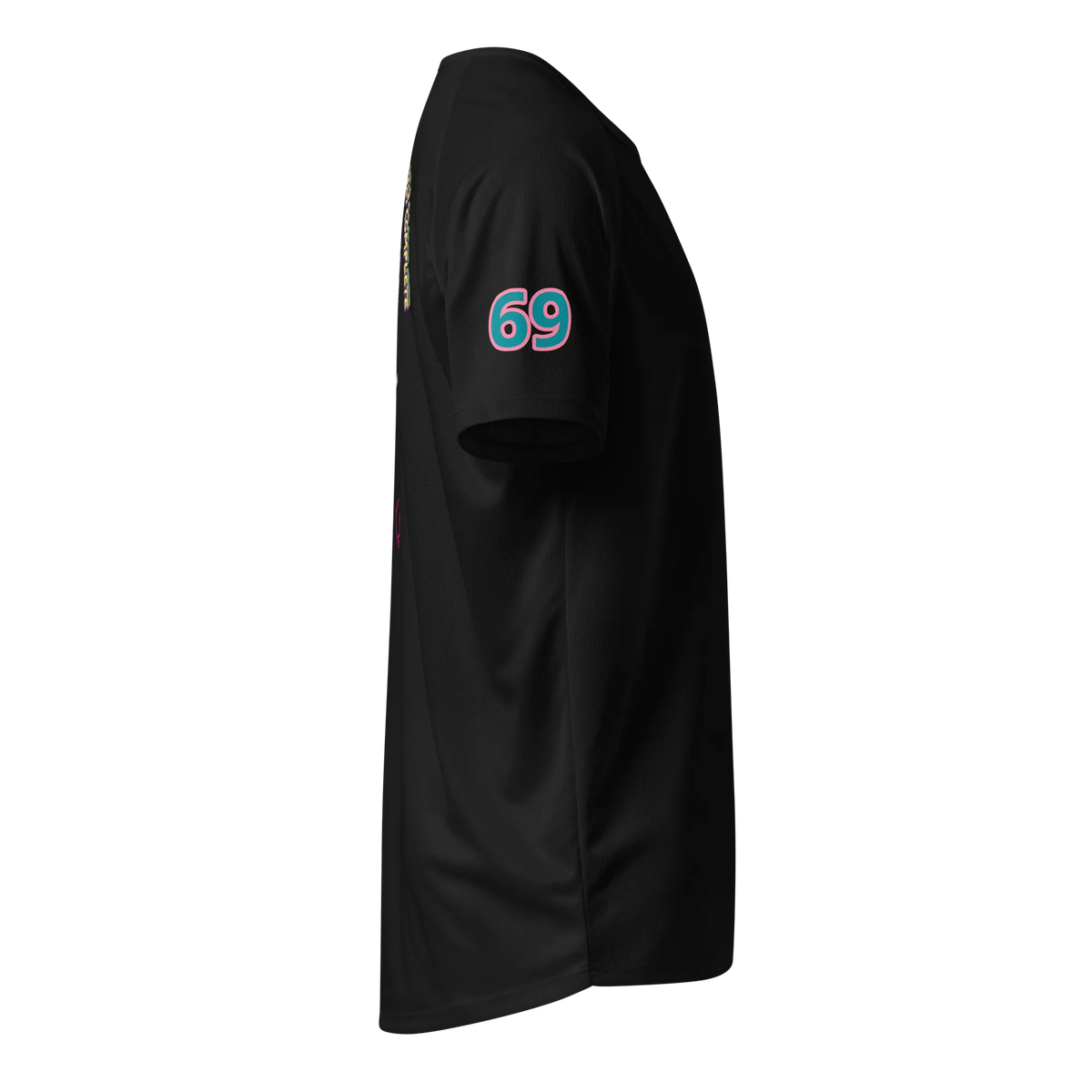 Black unisex sports jersey side sleeve with “69” graphic
