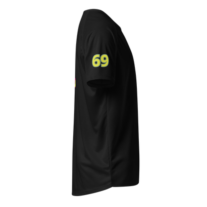 Black sports jersey sleeve with “69” neon-yellow print