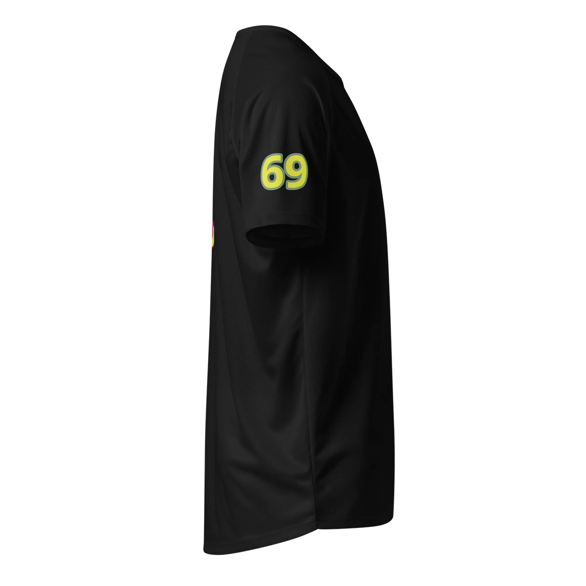 Black sports jersey sleeve with “69” neon-yellow print