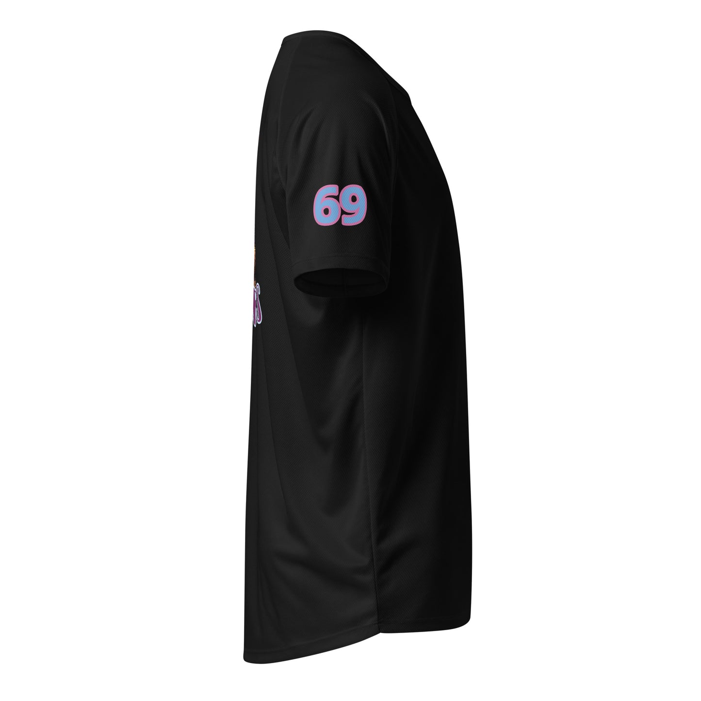 Sports jersey, black, side view with “69” patch on sleeve.