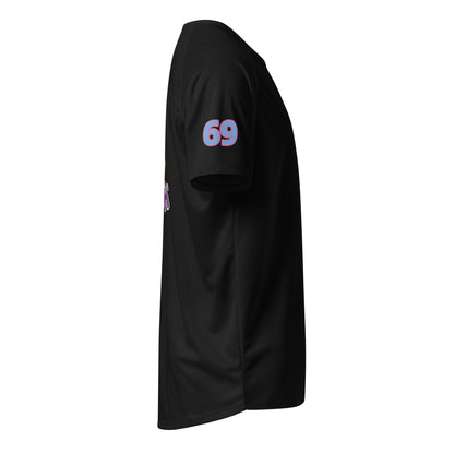 Sports jersey, black, side view with “69” patch on sleeve.