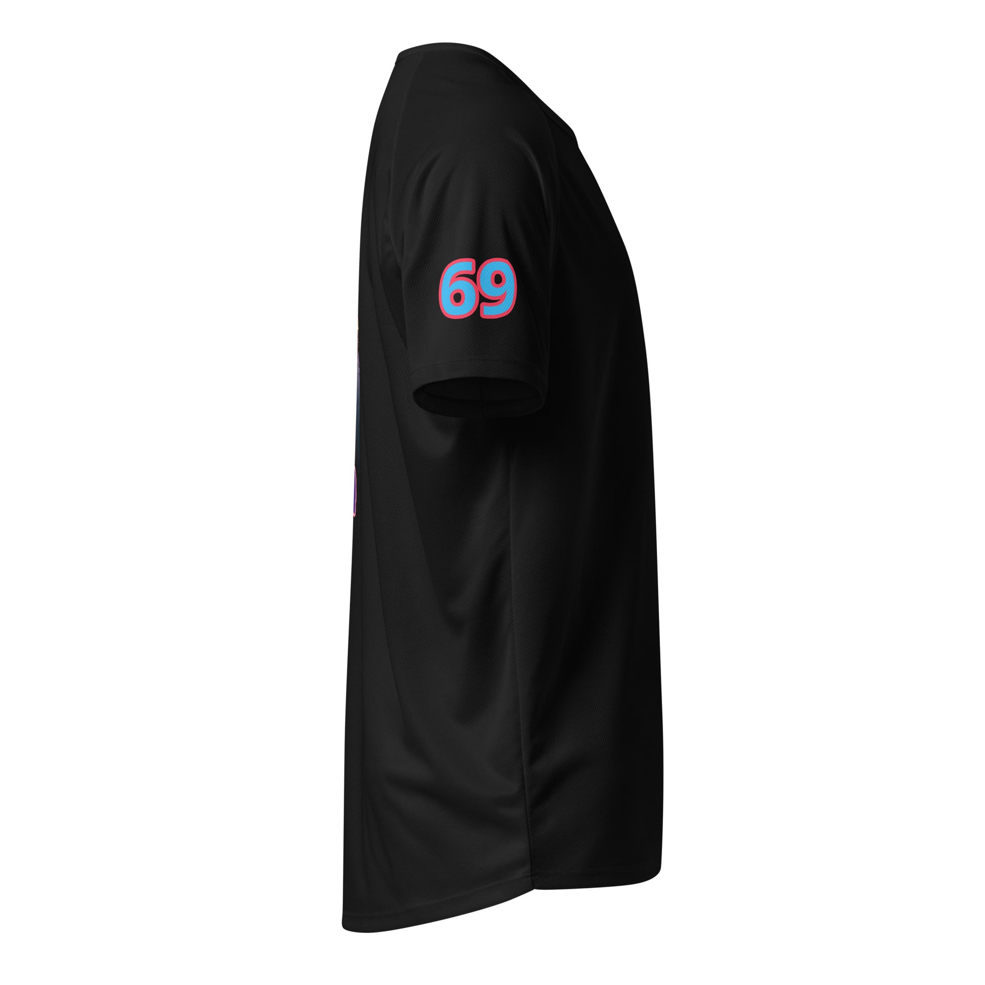 Black sports jersey side view with “69” sleeve number