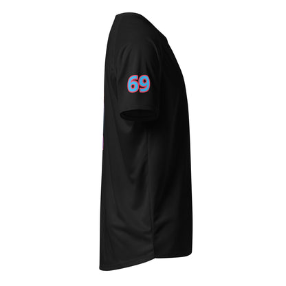 Black sports jersey side view with “69” sleeve number
