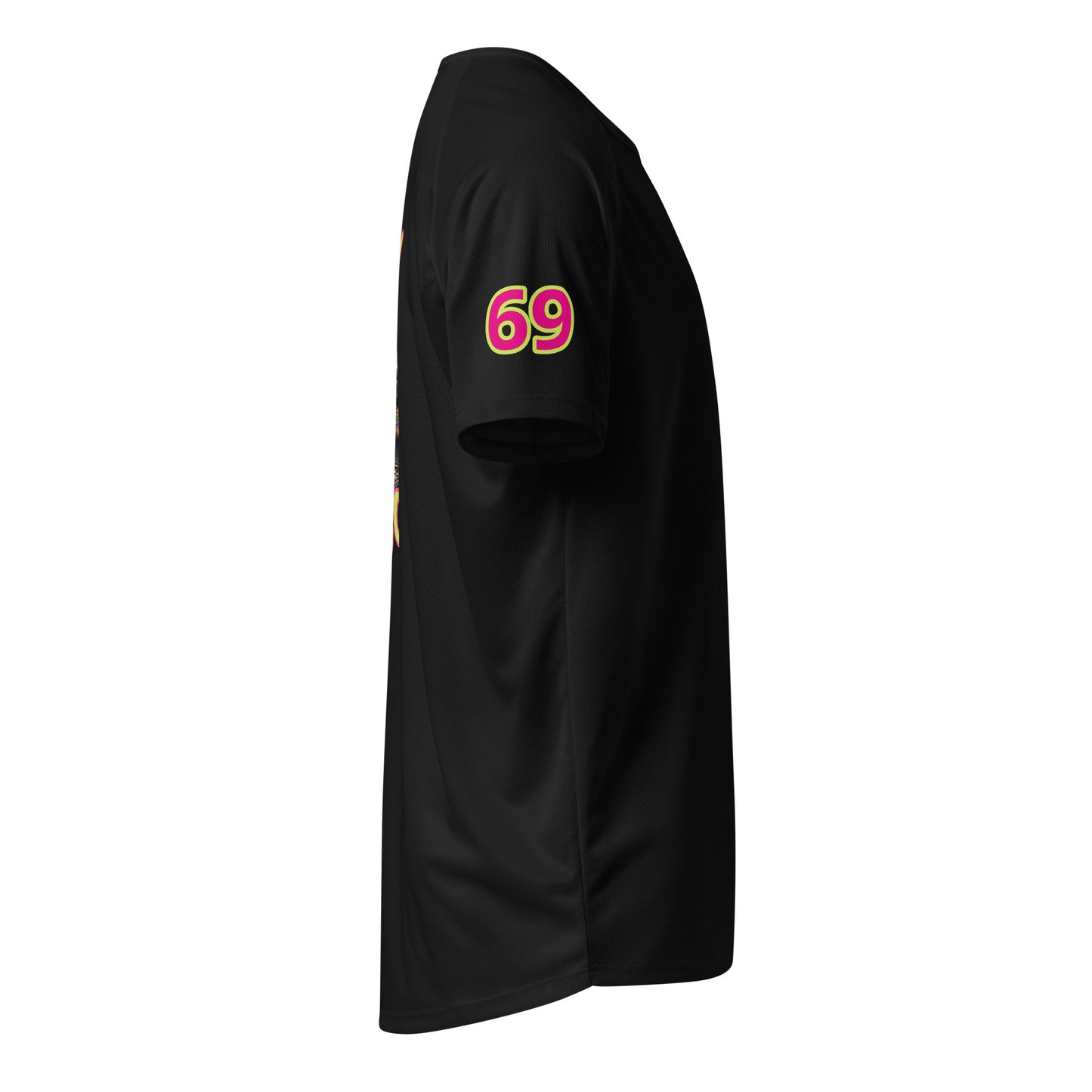 AW Monaco sports jersey, black side view with neon “69” on sleeve