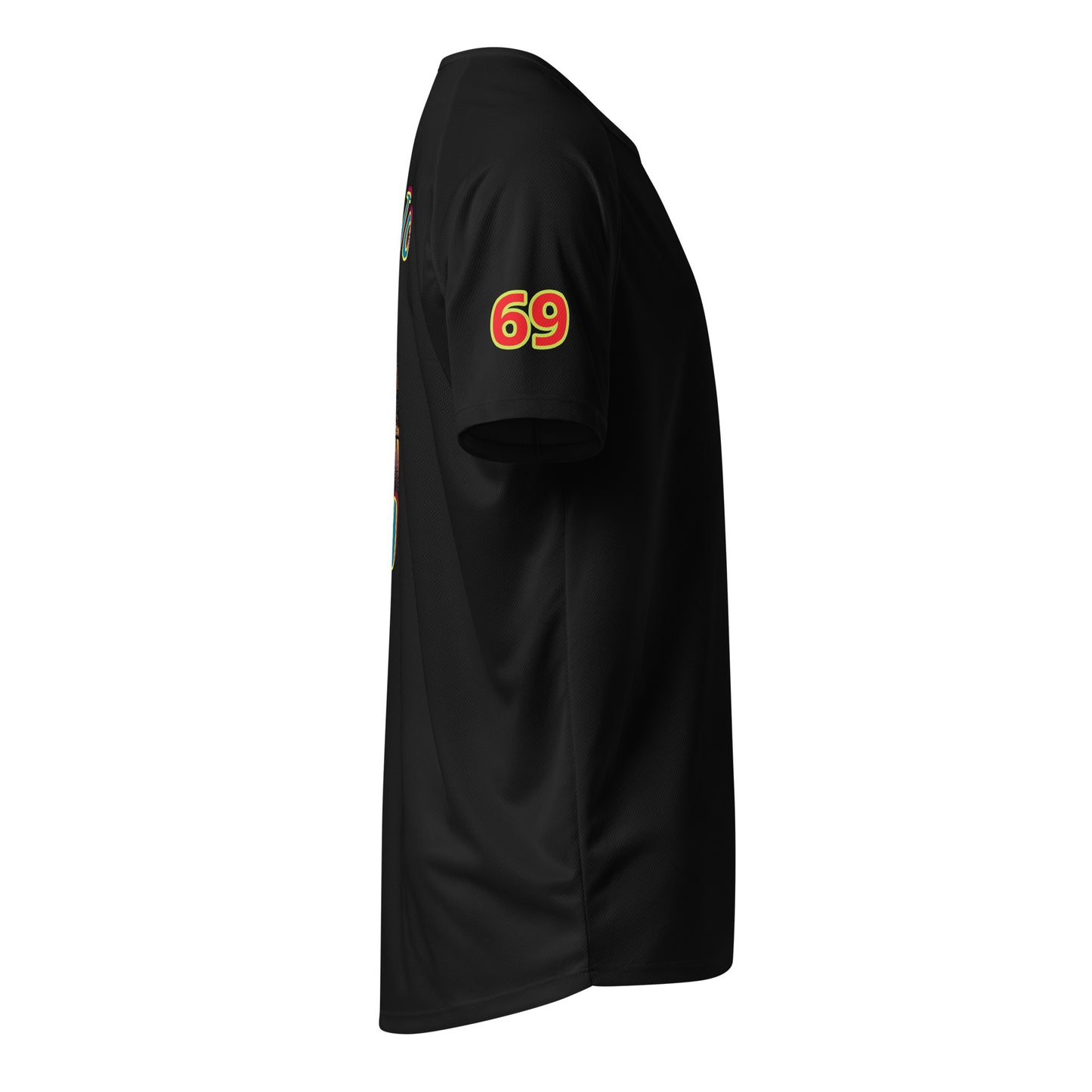 Black sports jersey side view with yellow 69 on sleeve