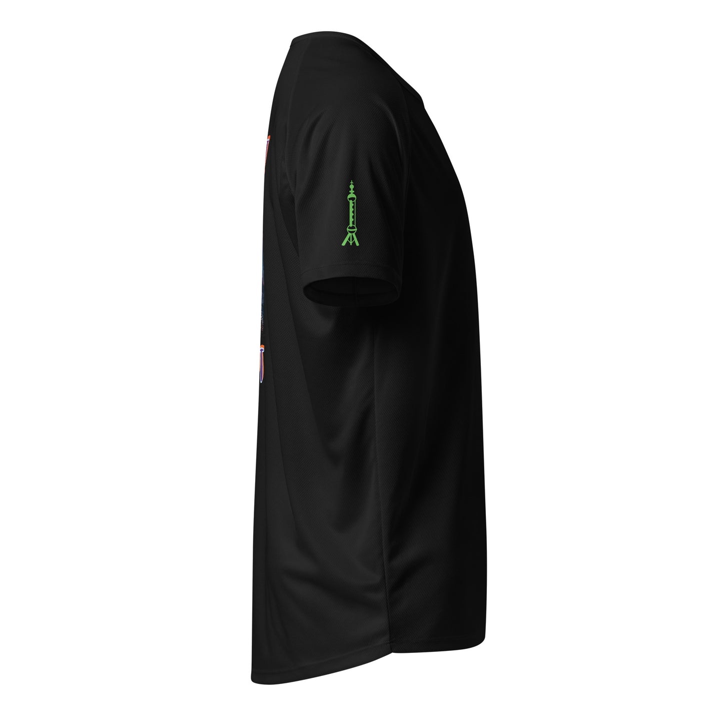 Black sports jersey, side view with small green tower emblem on sleeve
