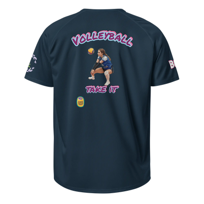 French navy unisex sports jersey, back graphic with VOLLEYBALL and TAKE IT text