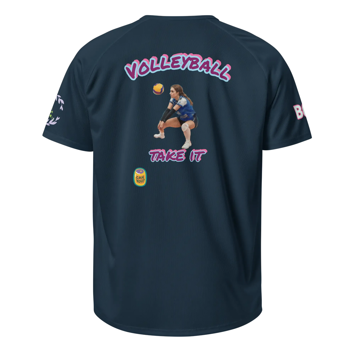French navy unisex sports jersey, back graphic with VOLLEYBALL and TAKE IT text