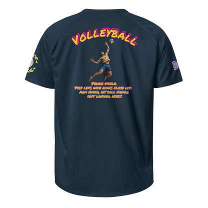 Unisex sports jersey, French navy, back graphic with dancer and orange slogan