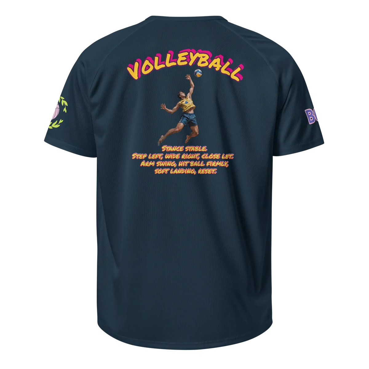 Unisex sports jersey, French navy, back graphic with dancer and orange slogan