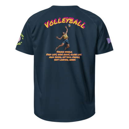 Unisex sports jersey, French navy, back graphic with dancer and orange slogan