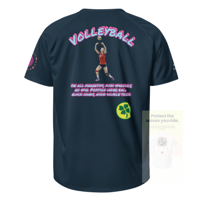 French navy unisex sports jersey, back graphic with player art and green clover