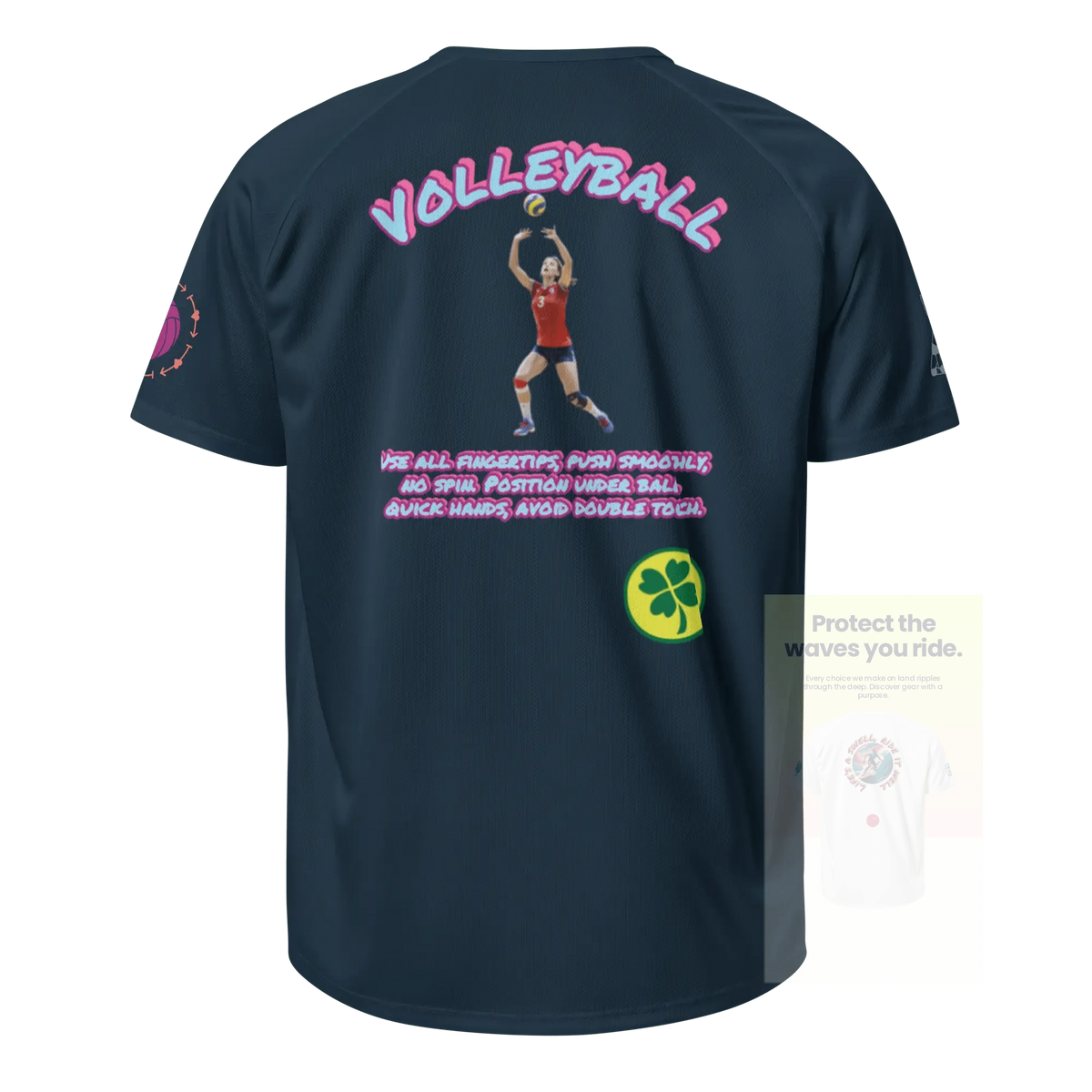 French navy unisex sports jersey, back graphic with player art and green clover