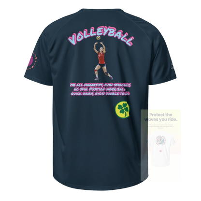 French navy unisex sports jersey, back graphic with player art and green clover