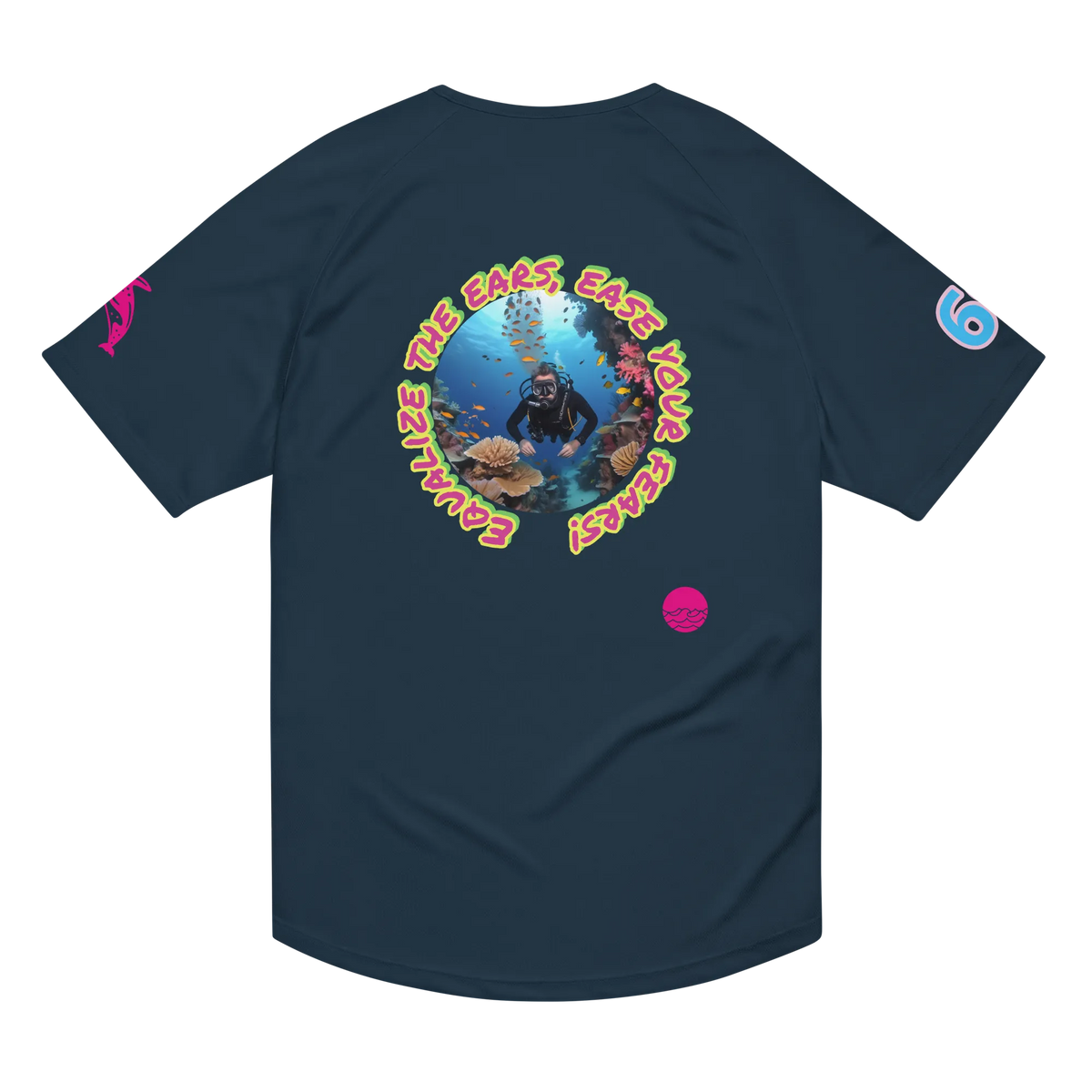 Unisex sports jersey, French navy, circular diver graphic on front with small chest logo