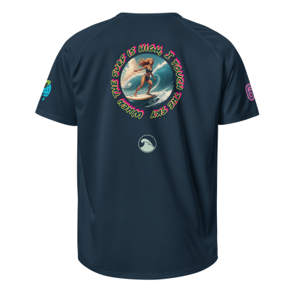 French navy unisex sports jersey, back circular surf graphic and small chest icon