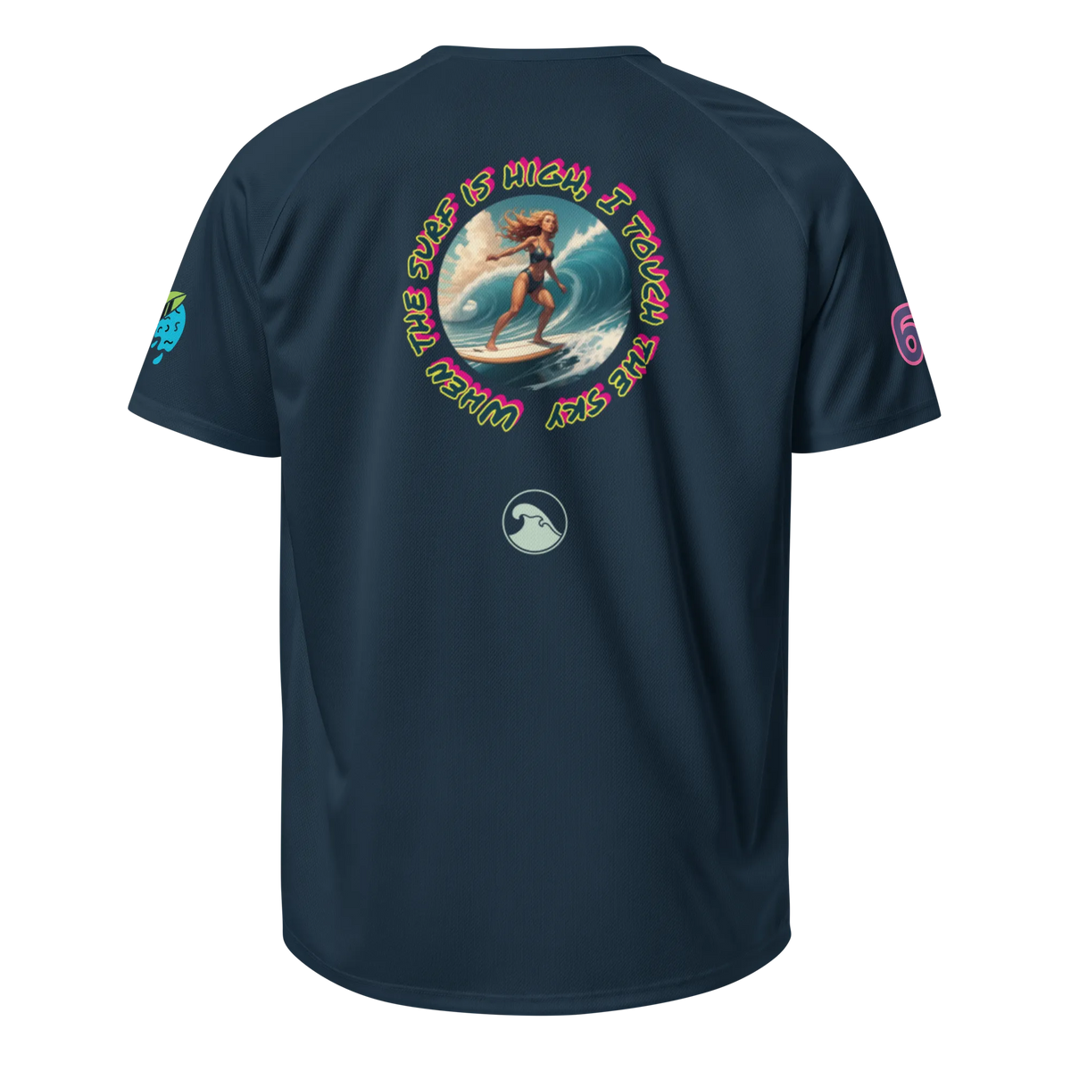 French navy unisex sports jersey, back circular surf graphic and small chest icon