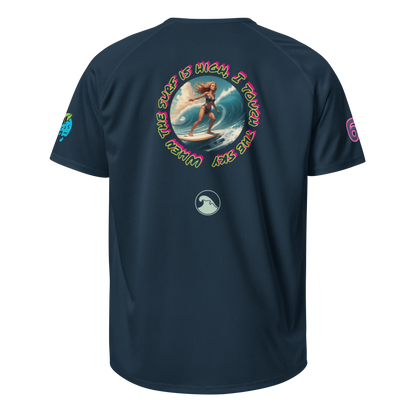 French navy unisex sports jersey, back circular surf graphic and small chest icon