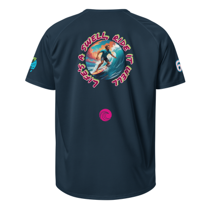 French navy sports jersey with back surf graphic, small front logo