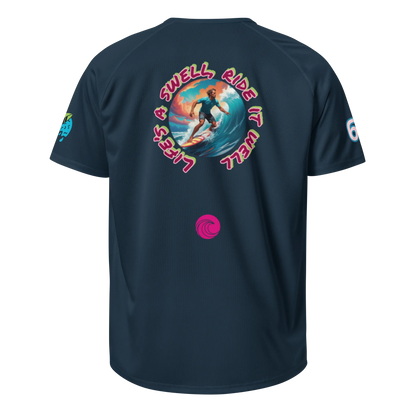 French navy sports jersey with back surf graphic, small front logo