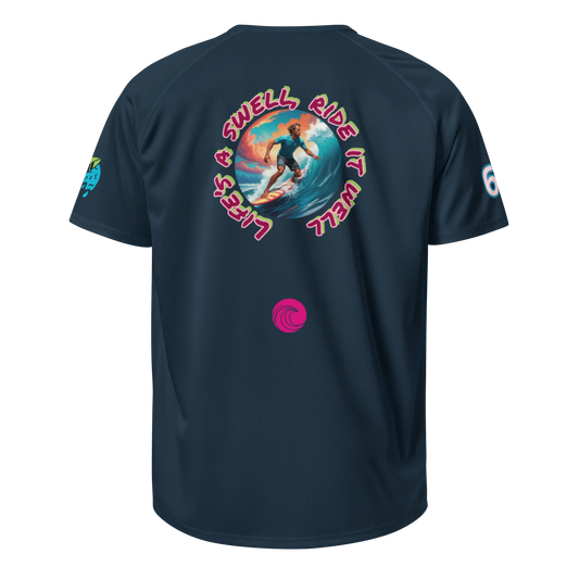 French navy sports jersey with back surf graphic, small front logo