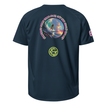 French navy sports jersey back with surfer circle graphic, neon text ring, lime emblem