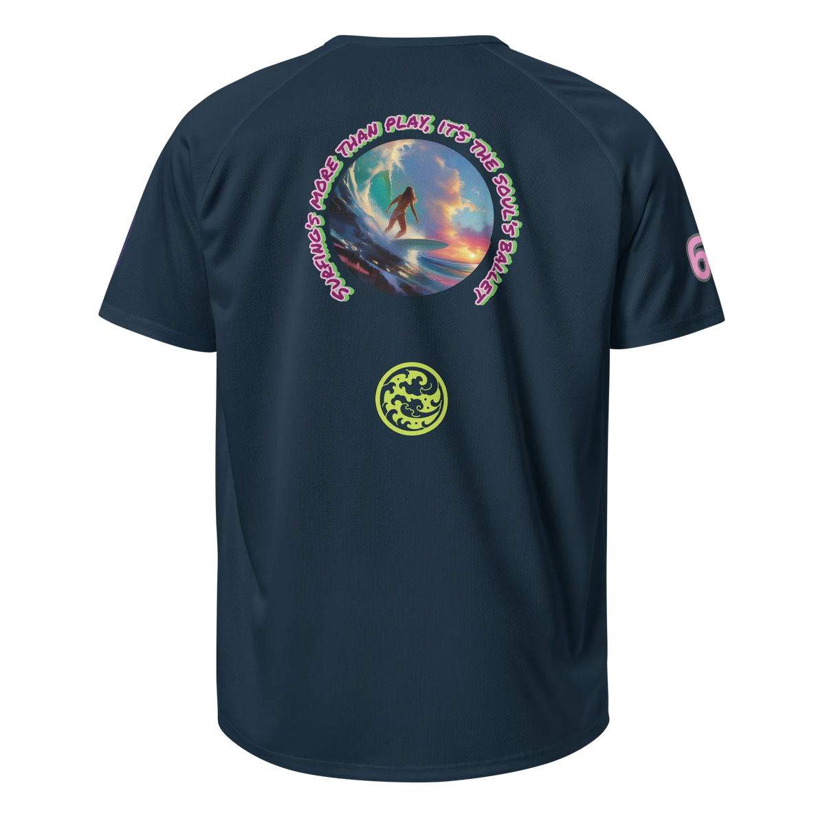 French navy sports jersey back with surfer circle graphic, neon text ring, lime emblem