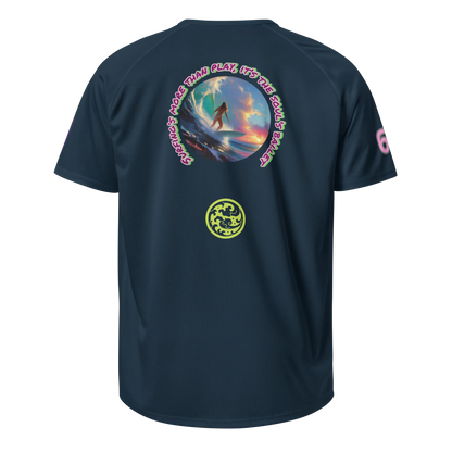 French navy sports jersey back with surfer circle graphic, neon text ring, lime emblem