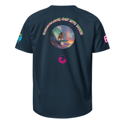 French navy sports jersey back with surf circle graphic and pink swirl emblem