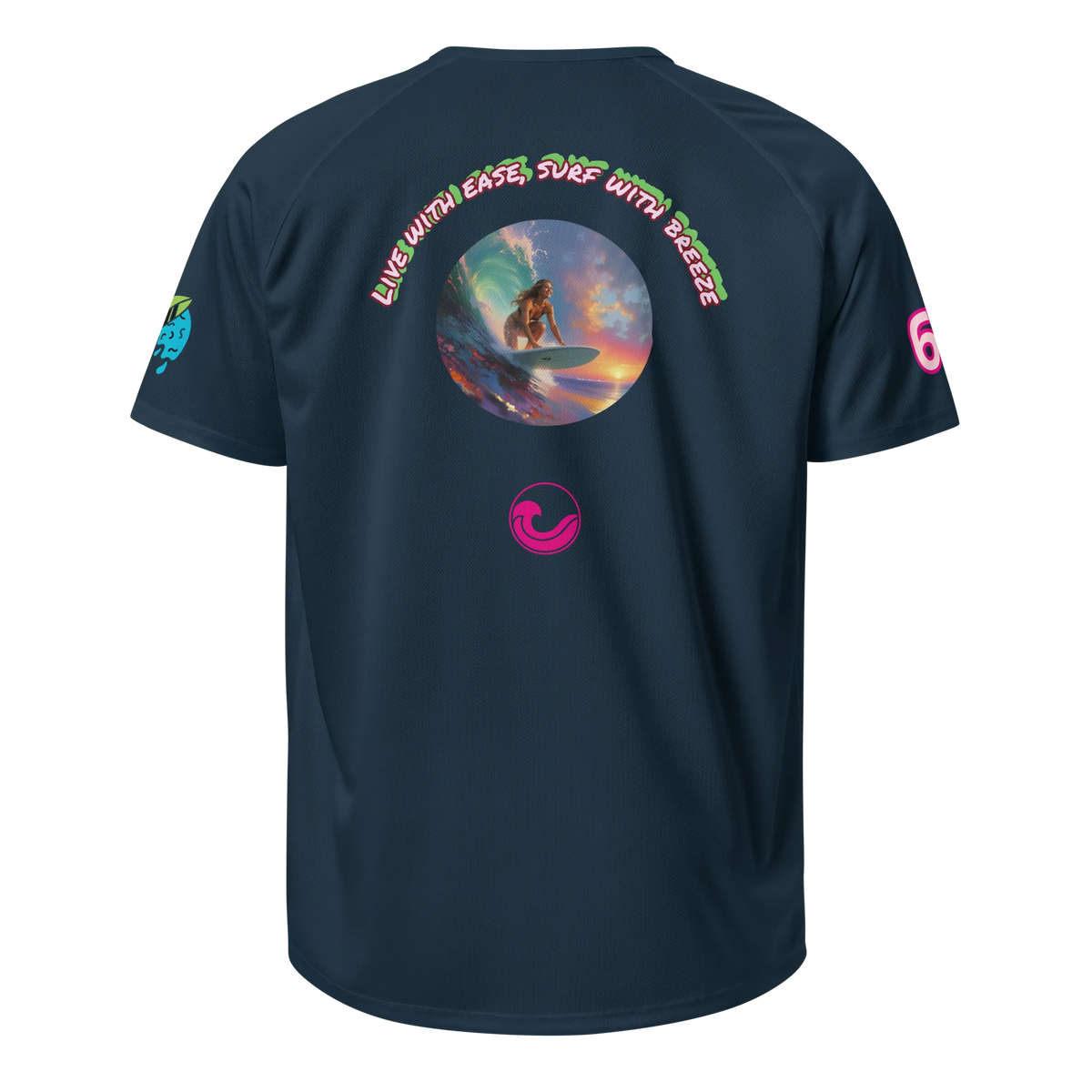 French navy sports jersey back with surf circle graphic and pink swirl emblem