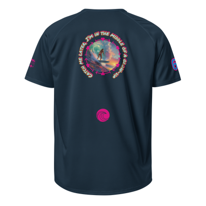 French navy sports jersey, back graphic with circular surfer text and small swirl logo