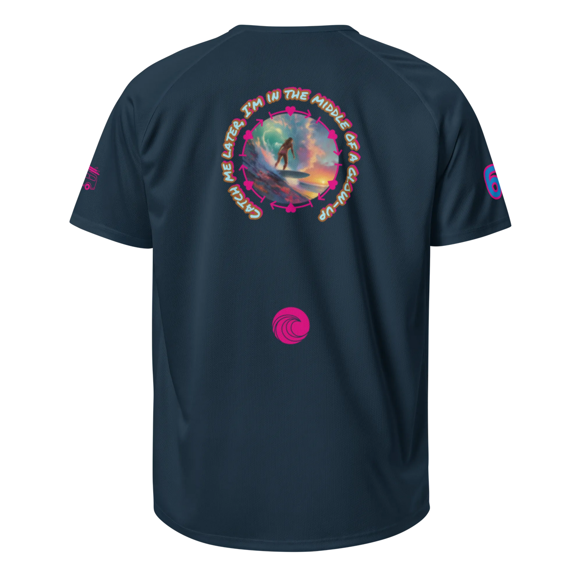French navy sports jersey, back graphic with circular surfer text and small swirl logo
